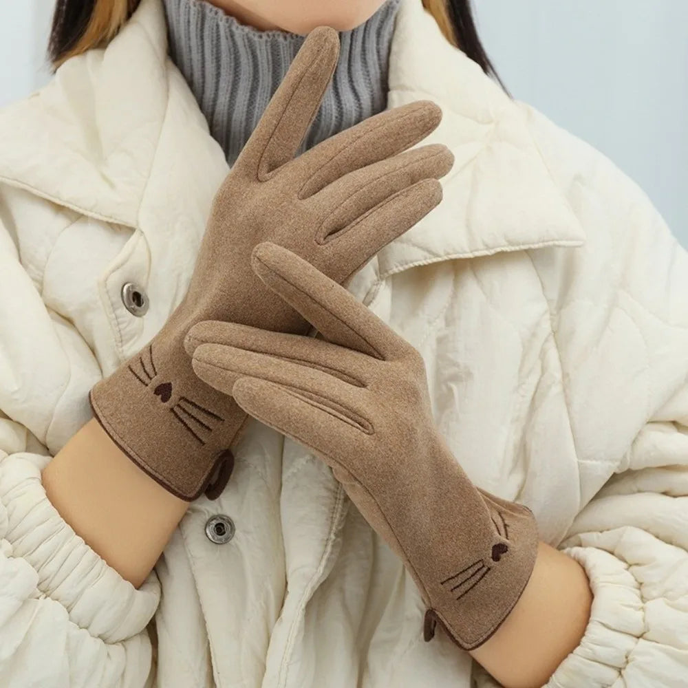 Cat Embroidered Touchscreen Winter Gloves for Women