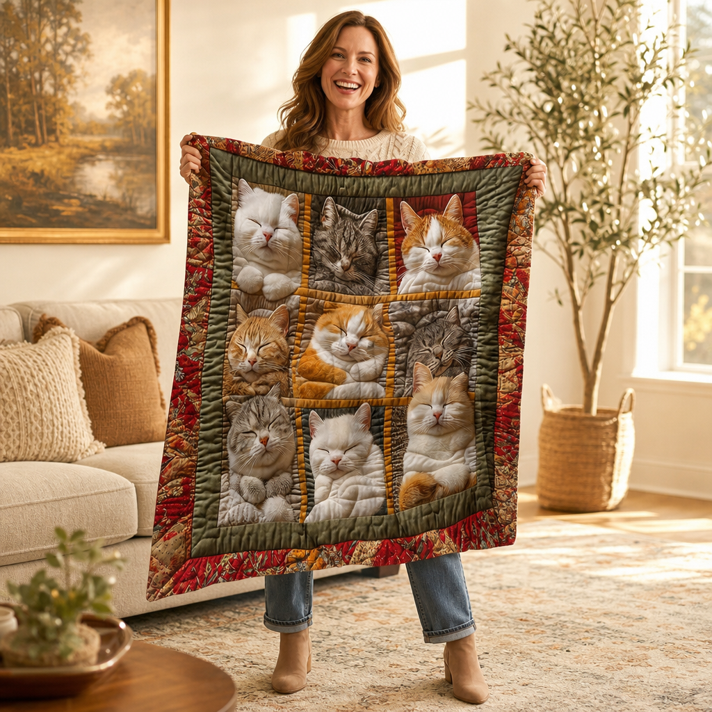 Reversible Flannel Throw Blanket with Nine Sleeping Cats