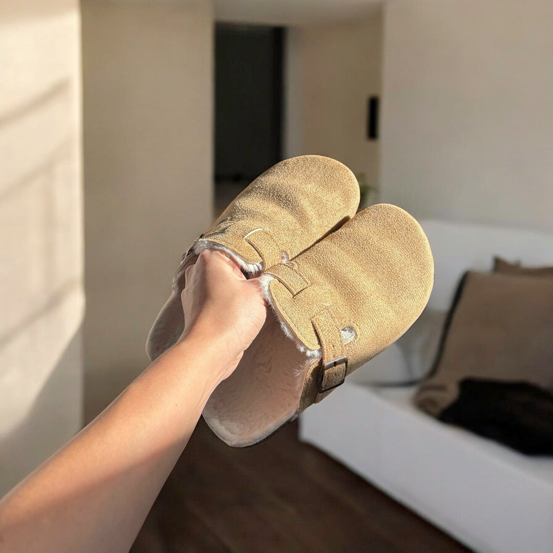 Plushley™ Suede Clogs with Faux Fur Lining and Cork Footbed