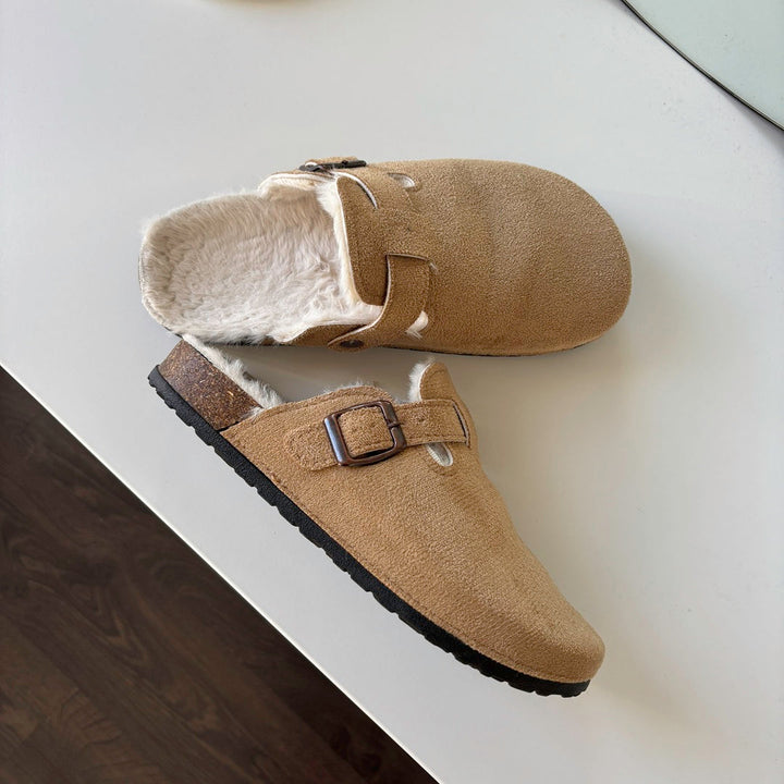 Plushley™ Suede Clogs with Faux Fur Lining and Cork Footbed