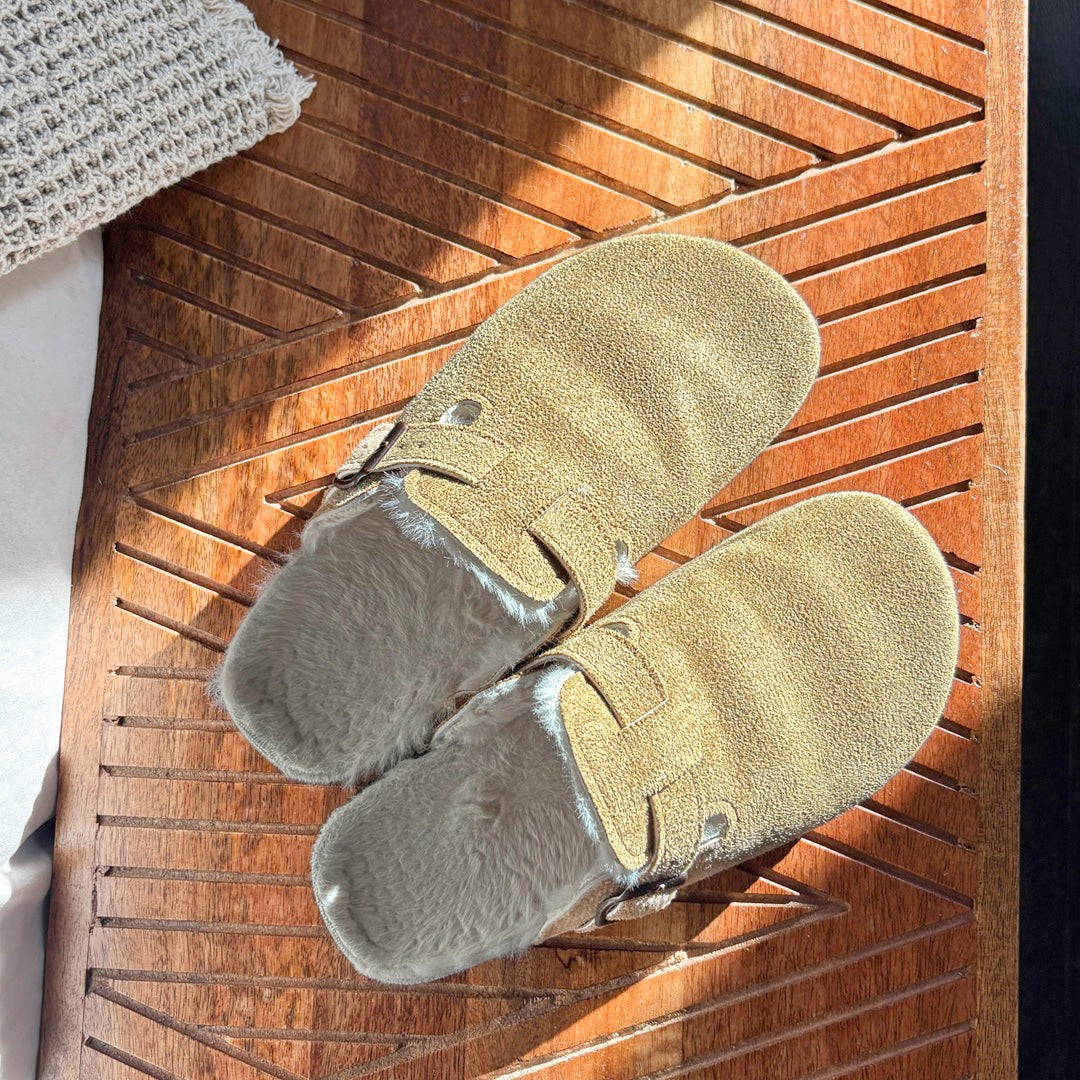 Plushley™ Suede Clogs with Faux Fur Lining and Cork Footbed