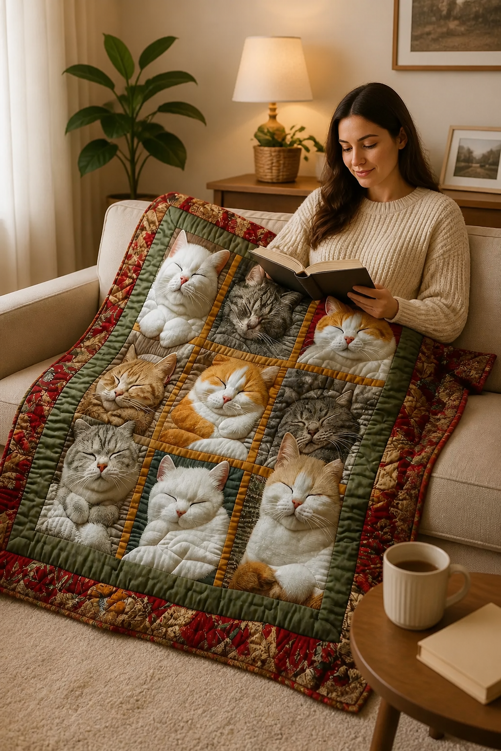 Reversible Flannel Throw Blanket with Nine Sleeping Cats