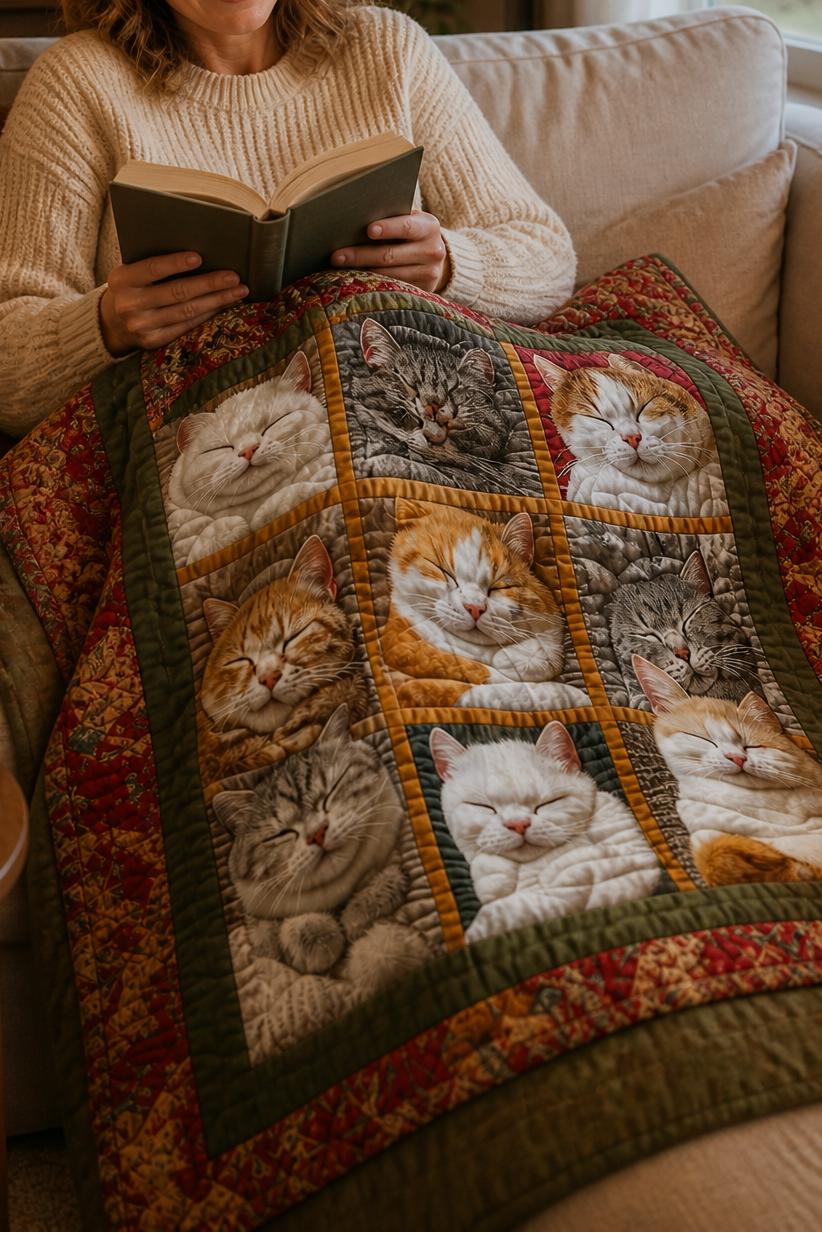 Reversible Flannel Throw Blanket with Nine Sleeping Cats