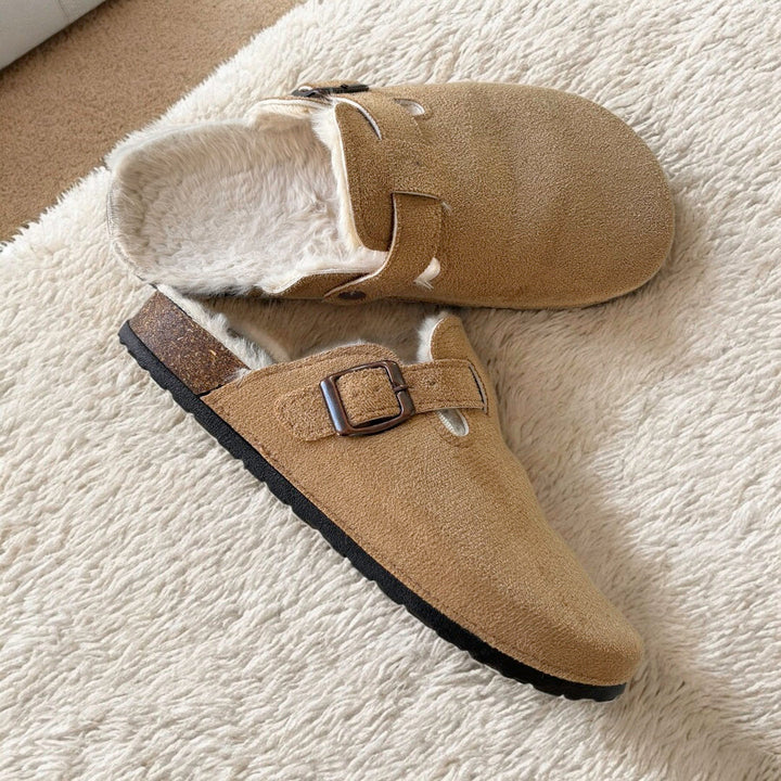 Plushley™ Suede Clogs with Faux Fur Lining and Cork Footbed