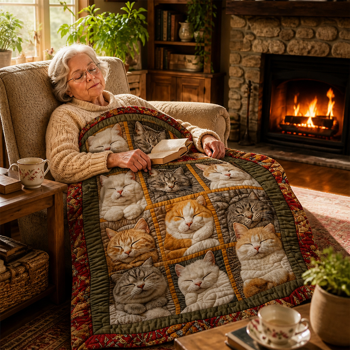 Reversible Flannel Throw Blanket with Nine Sleeping Cats